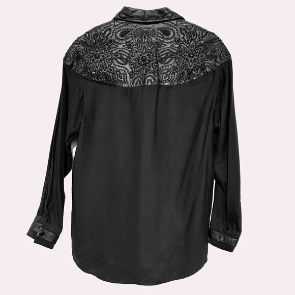 15.	Western-style dressy black silk and beaded real leather appliqued shirt - Picture 2 of 5